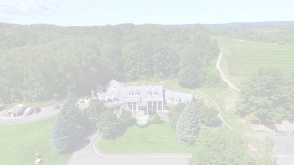 Aerial view of the Inn at Black Star Farms with surrounding forest and vineyards.