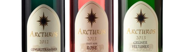 Bottle images of Gewurztraminer, Pinot Noir Rose, and Gruner Veltliner from our Arcturos line.