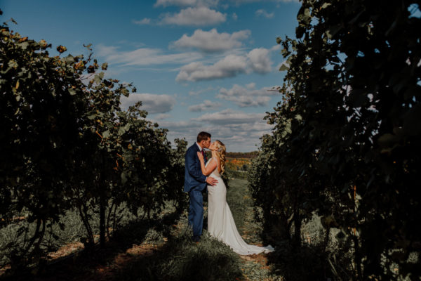 Bride and groom kissing among the vines at Black Star Farms Suttons Bay.