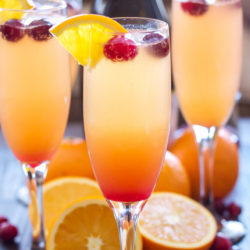 Example of mimosas with fresh cranberries and orange slices.
