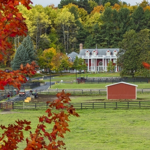 View of the Inn at Black Star Farm through red fall leaves.