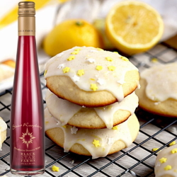Lemon ricotta cookies with a bottle of Sirius Raspberry Dessert Wine.