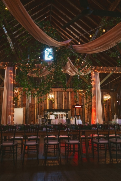 Inside the Pegasus Barn decorated for a wedding reception.