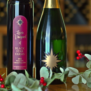 Premium bottles of sparkling and red wine with holiday greens.