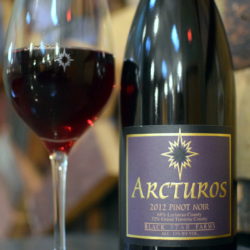 Glass and bottle of Arcturos Pinot Noir.