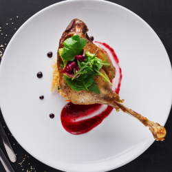 Duck leg on a white plate with berry sauce.