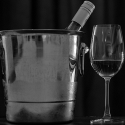 Bottle of wine in a ice bucket with a glass of wine.