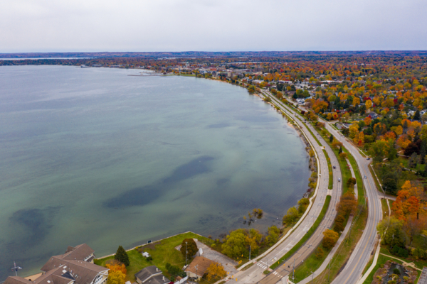 aerial views of Traverse City in the fall with gorgeous fall colors in Michigan - one of the best things to do in Traverse City
