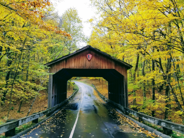 A covered bridge on the Sleeping Bear Dunes Scenic Drive in the fall