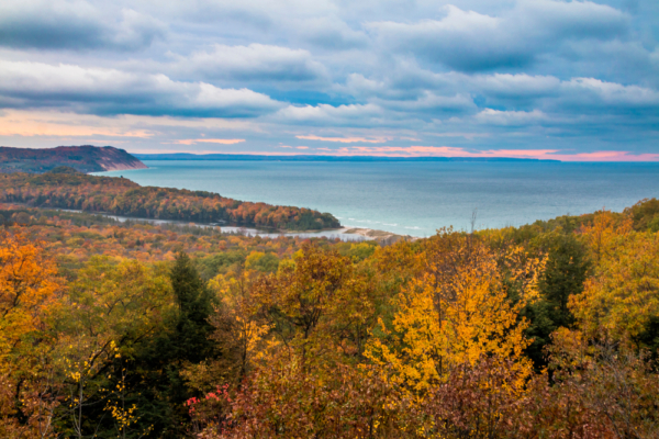 Take a gorgeous fall trip on the Pierce Stocking Scenic Drive to see magnificent fall foliage like this on the Sleeping Bear Dunes National Lakeshore