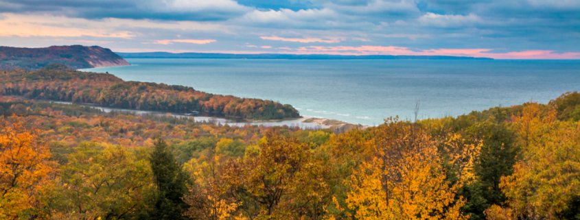 Take a gorgeous fall trip on the Pierce Stocking Scenic Drive to see magnificent fall foliage like this on the Sleeping Bear Dunes National Lakeshore