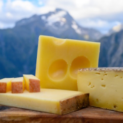 A selection of four Alpine Cheeses with mountains in the foreground.