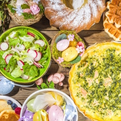 Sweet and savory brunch items with colorful easter eggs.