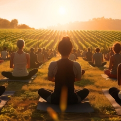 People doing yoga in a vineyard.