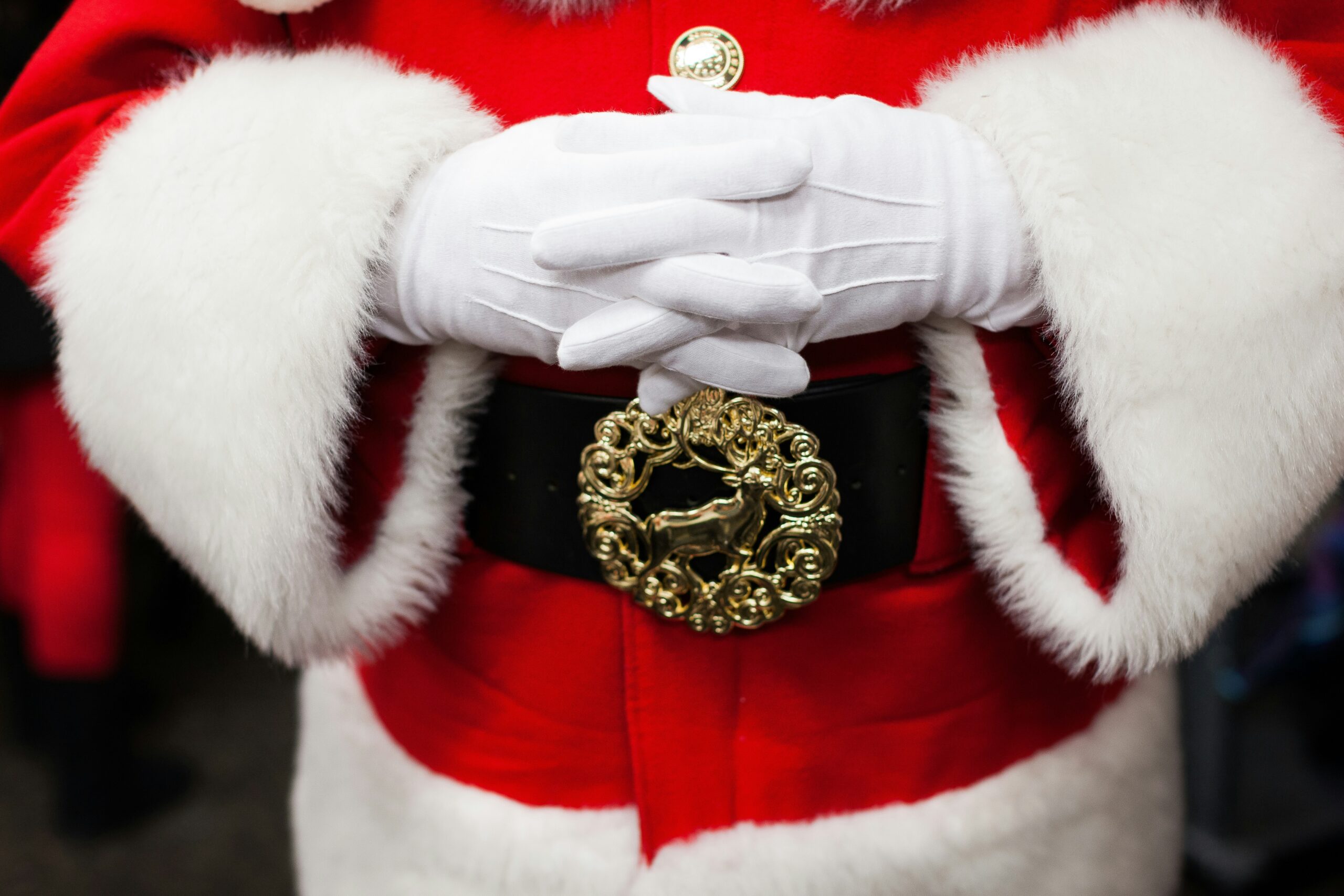 Santa showing a photo of a reindeer to two children.