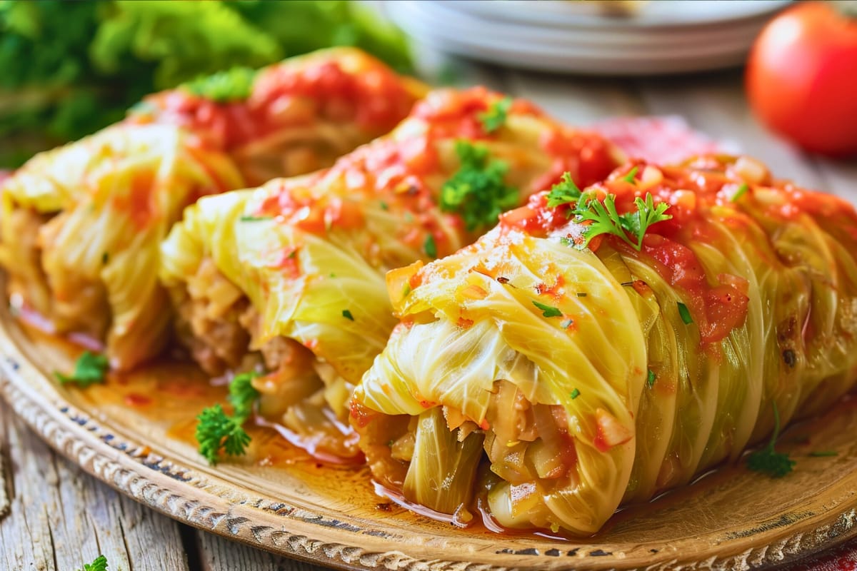 A plate of traditional polish stuffed cabbage rolls.