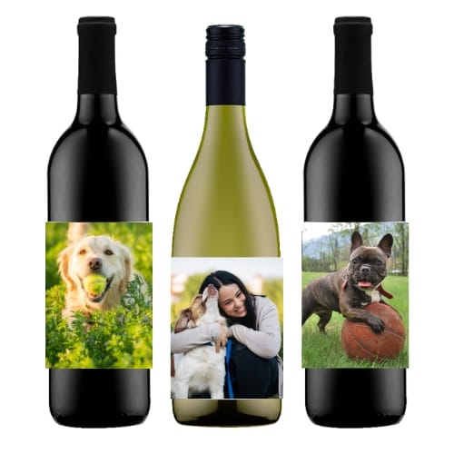 Bottles of wine with custom dog labels.