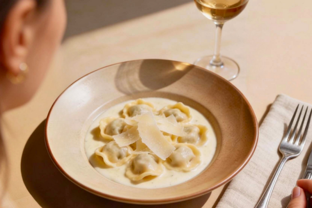 A Taste of Piedmont 2 A woman with a bowl of fresh pasta and a glass white wine.