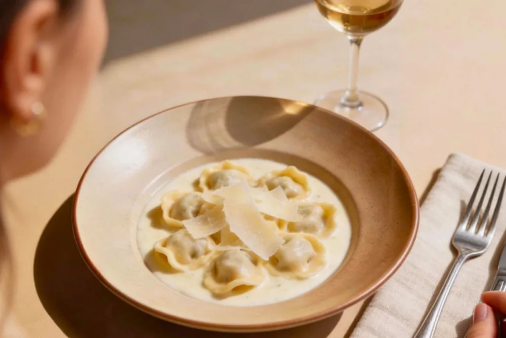 A woman with a bowl of fresh pasta and a glass white wine.