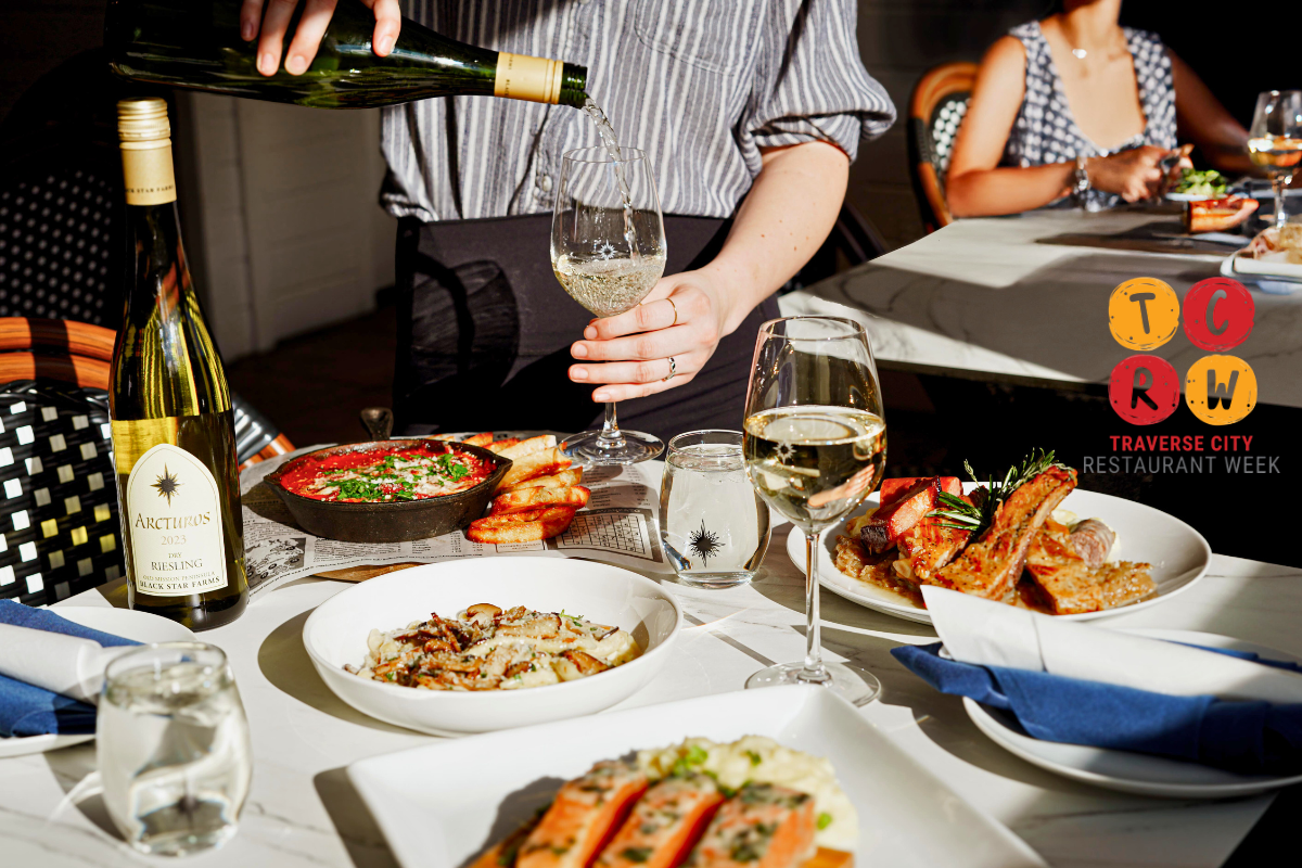 Restaurant week food options with wine poured tableside at Bistro Polaris.