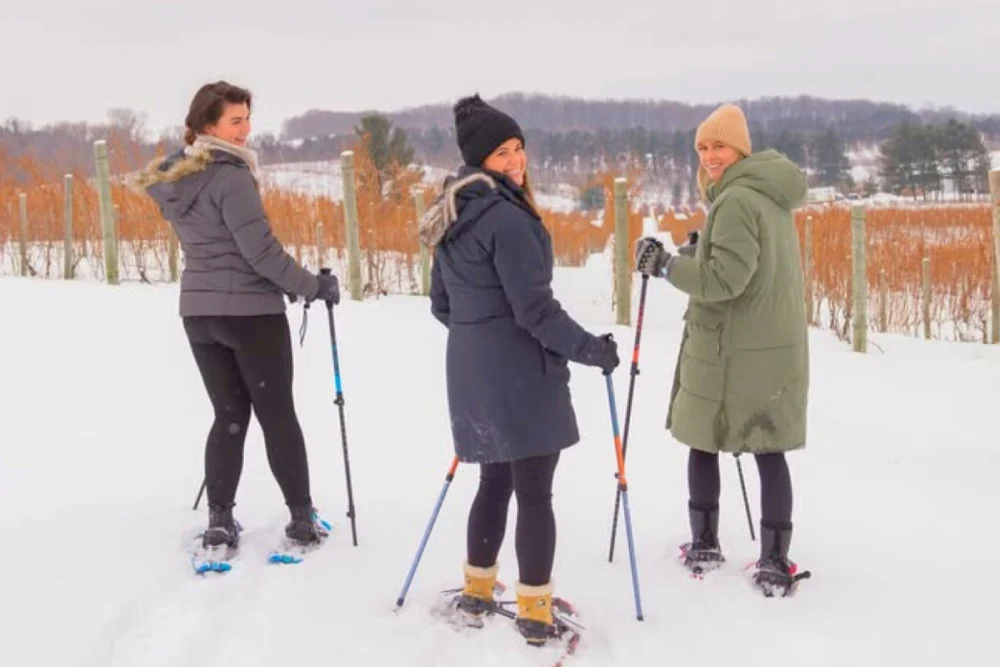 Three ladies snowshoeing in a vineyard.