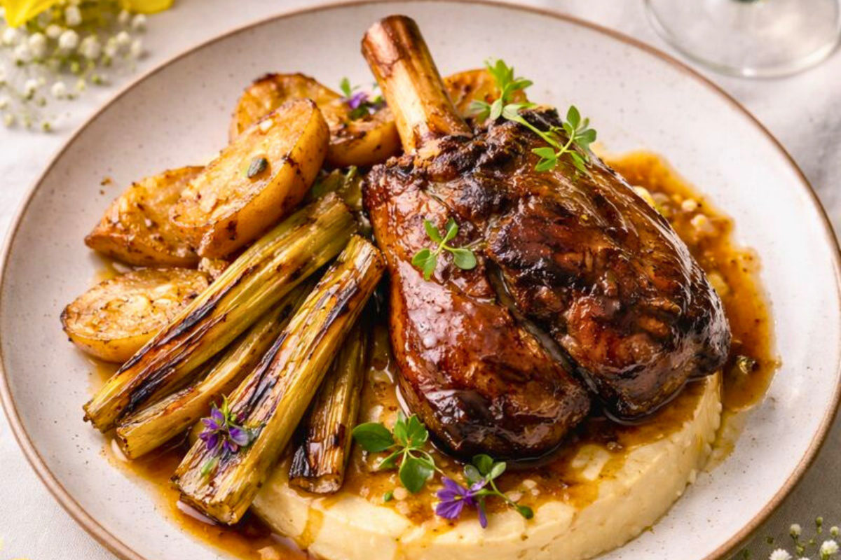 Braised goat shank on polenta with roasted vegetables.