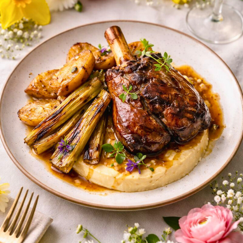 Spring Weekend Dinner Plated entree with spring flowers on the table.